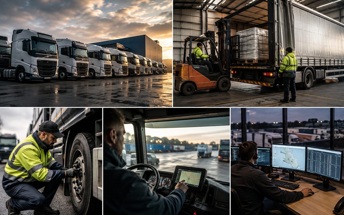 Dhillon United Transport LTD crews loading pallets, checking vehicles and planning routes across the fleet